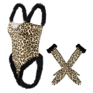 ⭐ Sexy Leopard Bodysuit Costume w/ Gloves – Halloween S/M ⭐